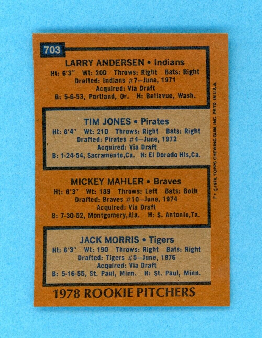 1978 Topps #703 Jack Morris Detroit Tigers Rookie Baseball Card NM prt mk