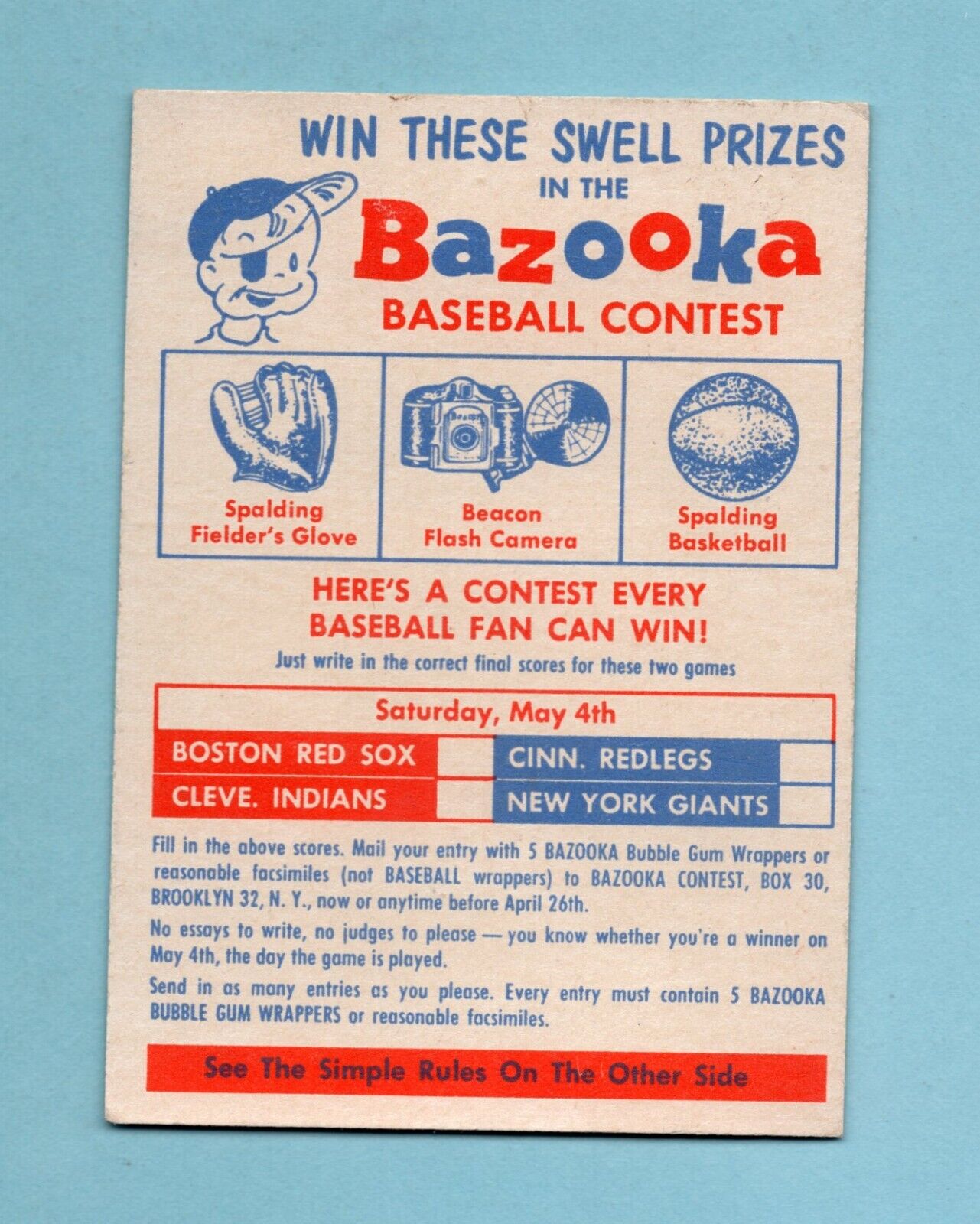 1957 Topps Contest Baseball Card - Saturday, May 4th EX+