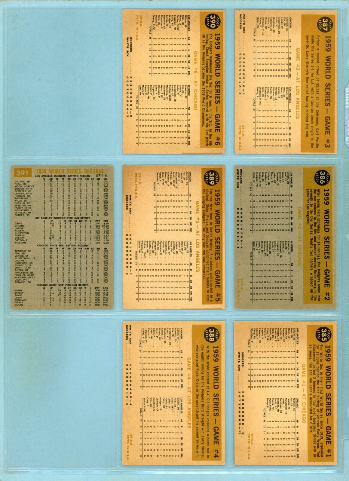 1960 Topps Set of 7 1959 World Series Special Baseball Cards EX