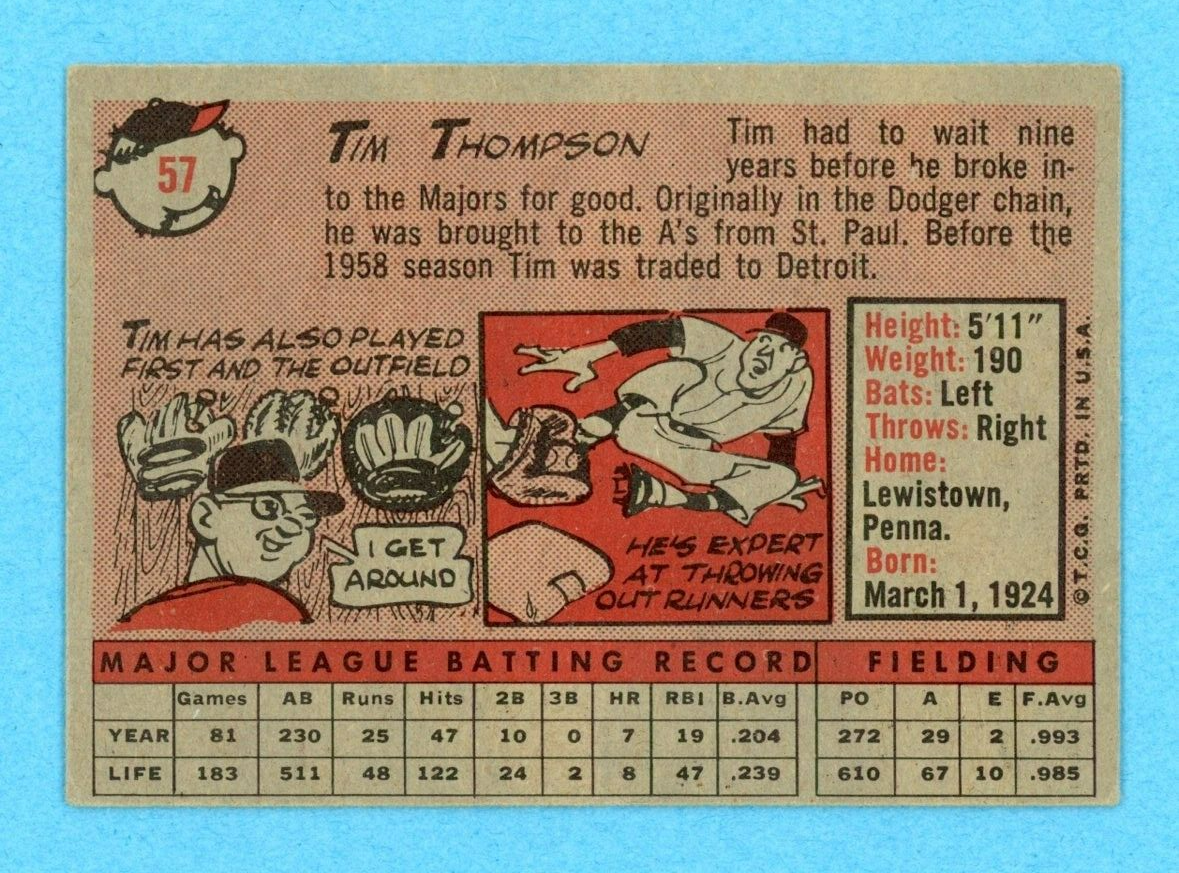 1958 Topps #57 Tim Thompson Detroit Tigers Yellow Letters Baseball Card Vg/Ex