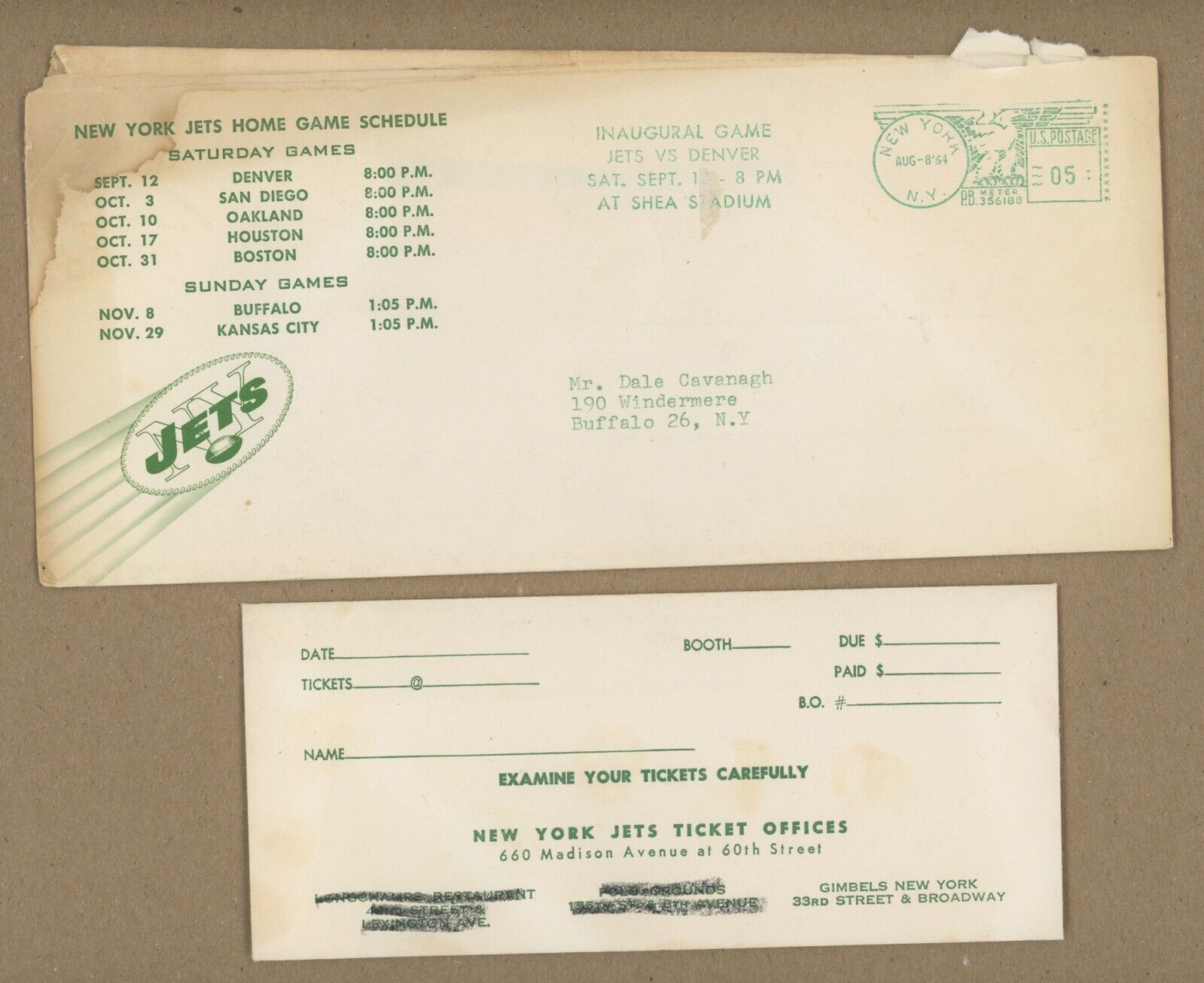 1964 New York Jets Ticket Order Form • 3 Pieces • Gotham FB Club