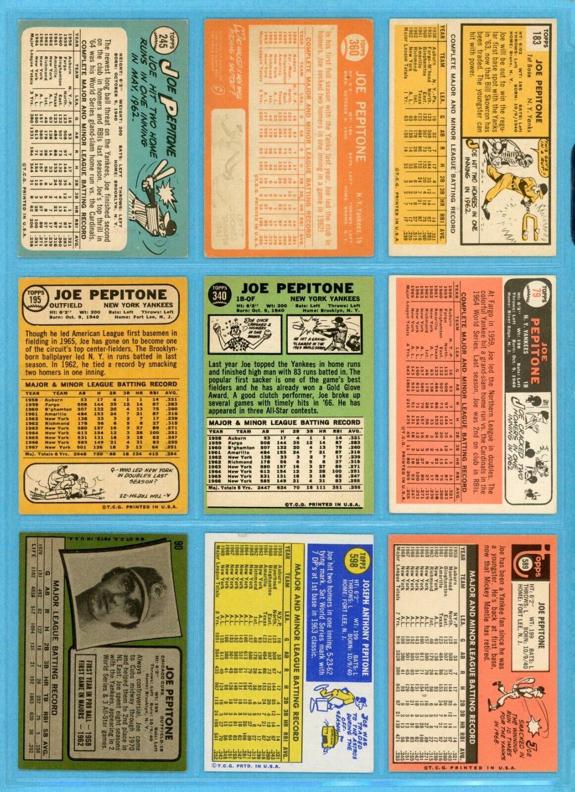 1963 thru 1973 Topps Lot of 12 Diff Joe Pepitone Baseball Cards mixed grades