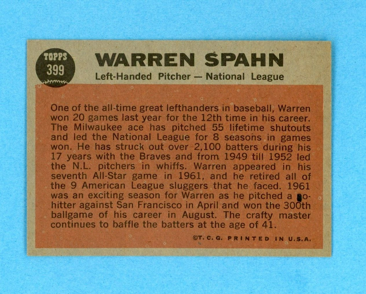 1962 Topps #399 Warren Spahn All-Star Milwaukee Braves Baseball Card NM o/c