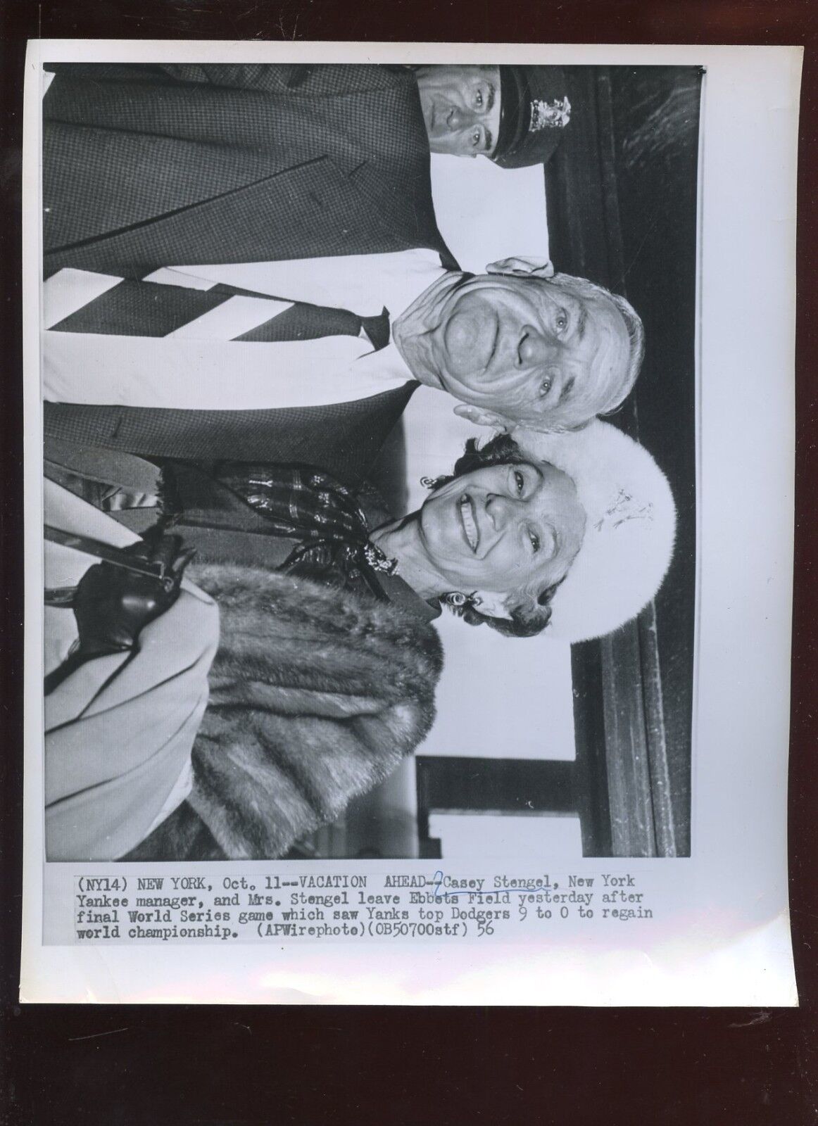 Original October 11 1956 Casey Stengel & Wife Vacation 8 X 10 Wire Photo