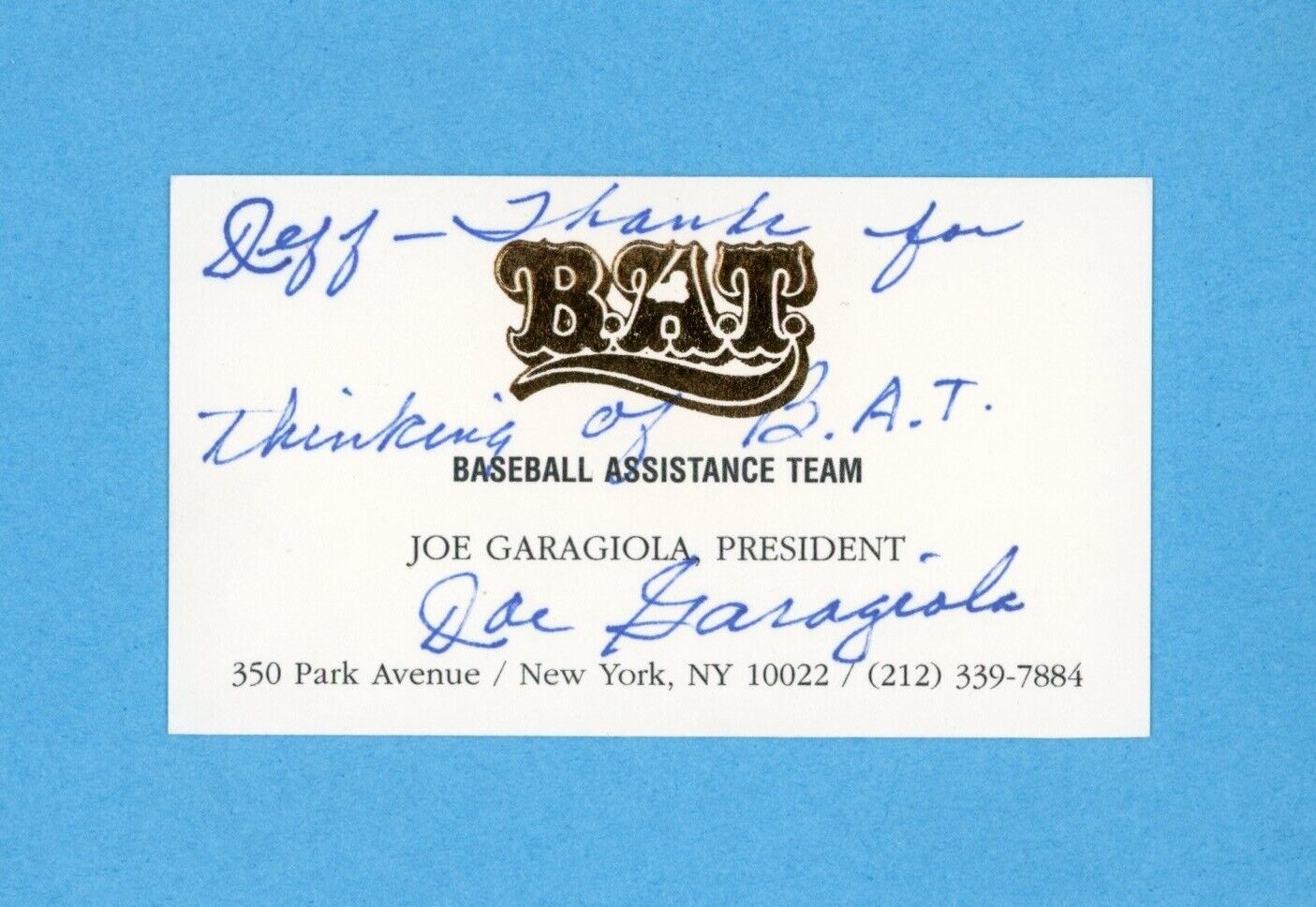 Joe Garagiola Signed/Inscribed B.A.T. Business Card • Auto w B&E Hologram