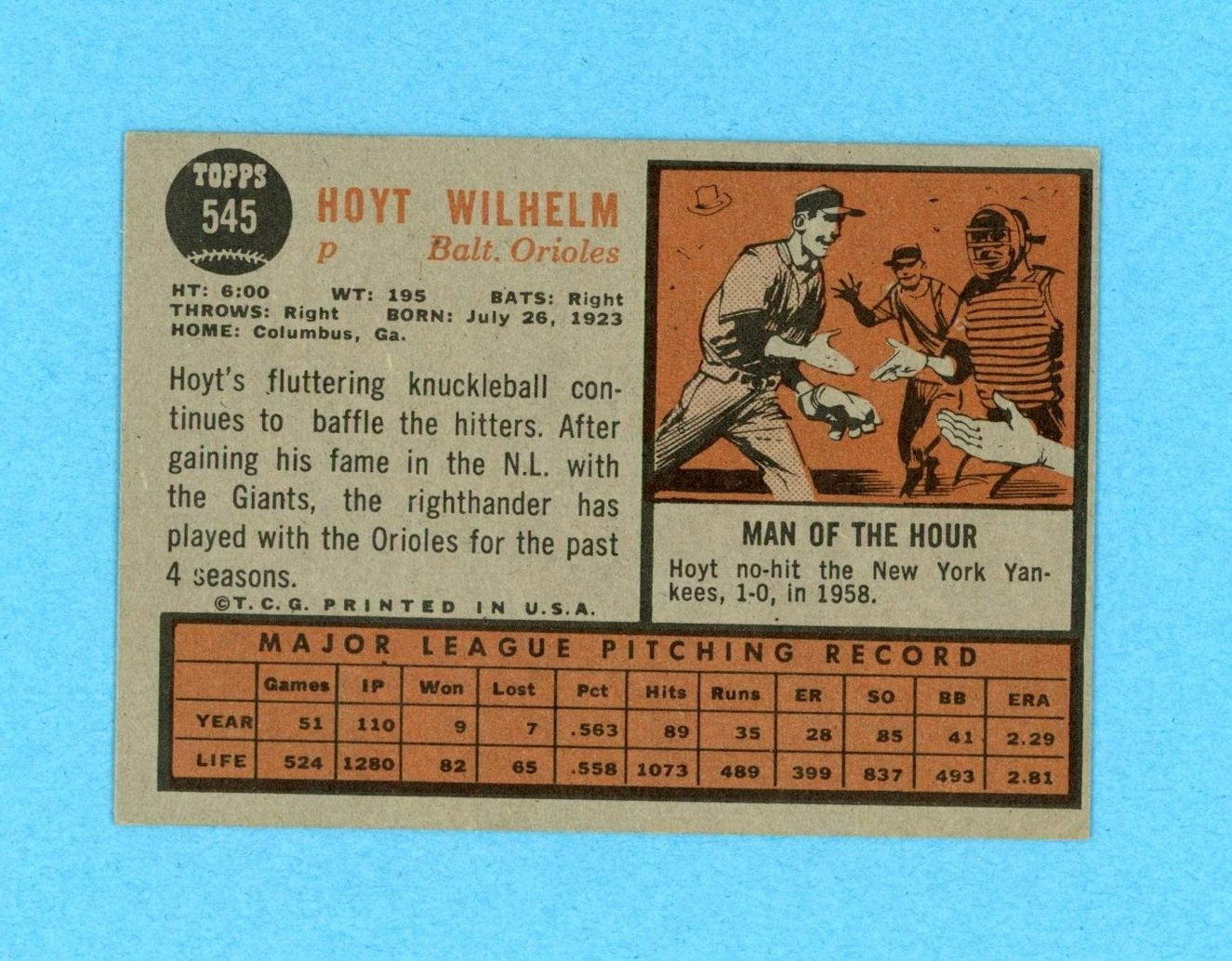 1962 Topps #545 Hoyt Wilhelm Baltimore Orioles Baseball Card EX+ o/c