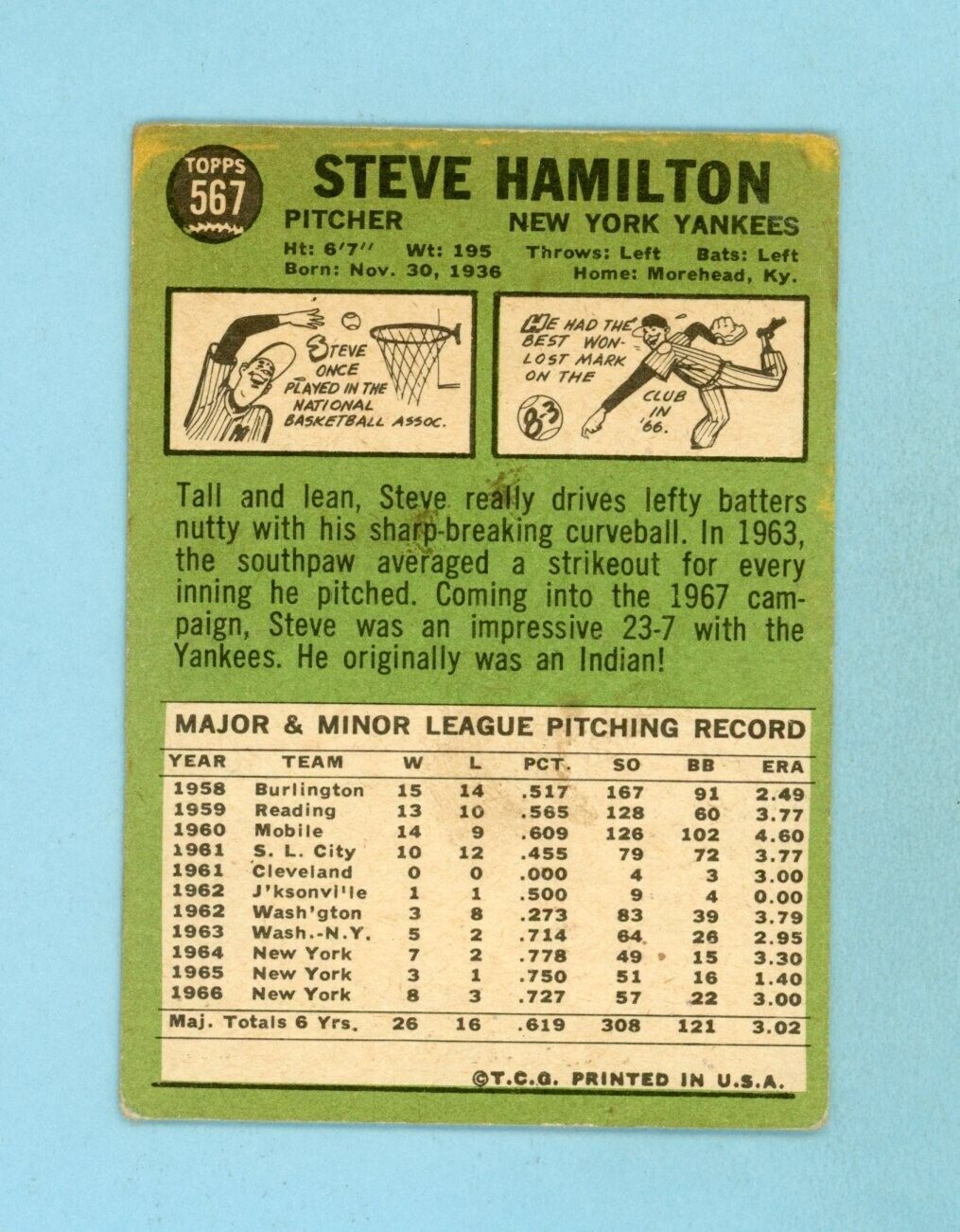 1967 Topps #567 Steve Hamilton New York Yankees Baseball Card Low Grade