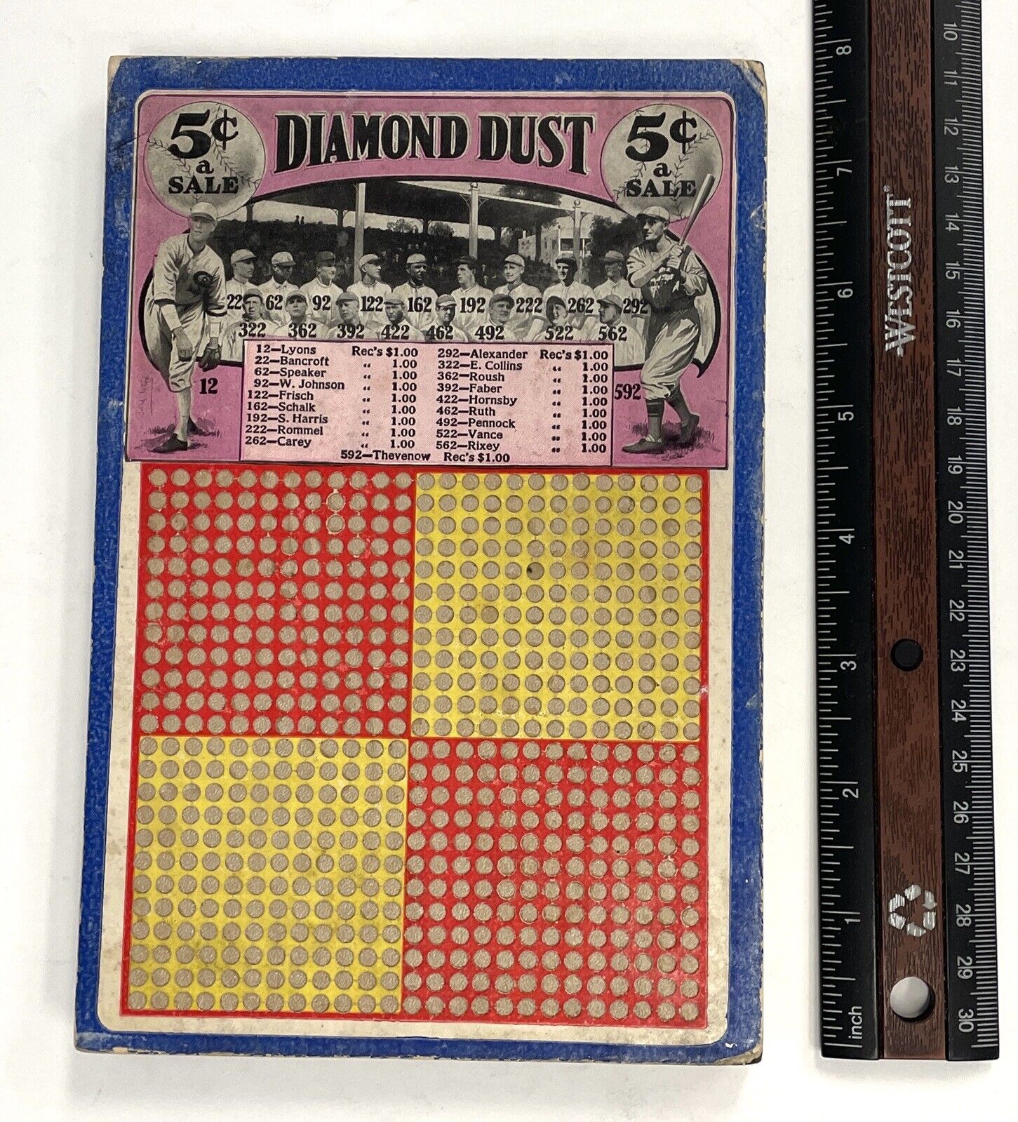 1920s Diamond Dust BB Punchboard Features Hall of Famers Babe Ruth, Hornsby, etc