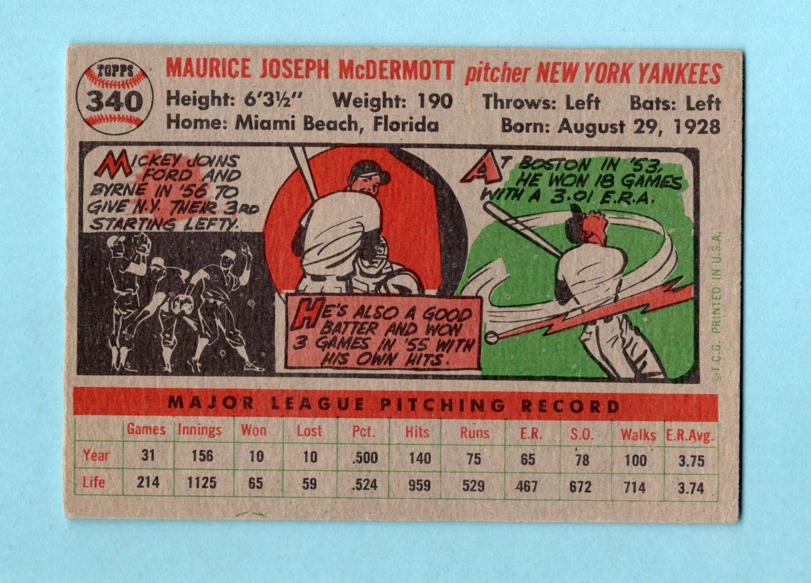 1956 Topps #340 Mickey McDermott New York Yankees Baseball Card EX