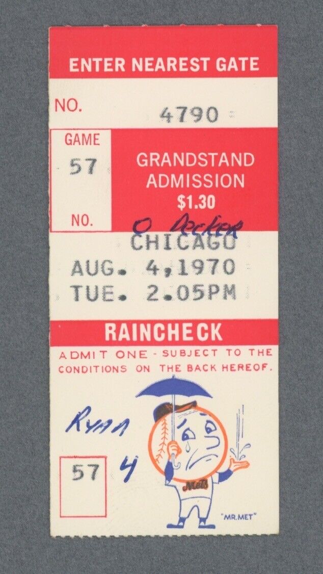 Aug 4, 1970 Chicago Cubs vs New York Mets • Ryan Shutout Win • Ticket Stub