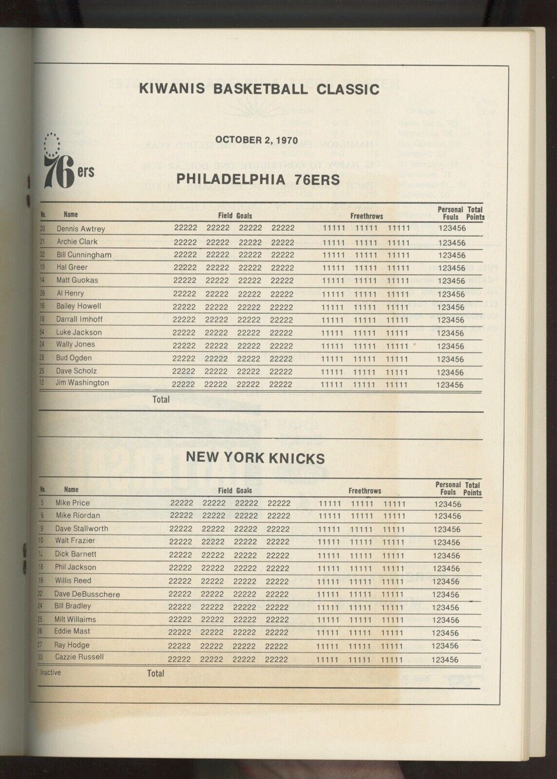 10/2/70 Phila. 76ers vs NY Knicks Kiwanis Club Preseason Game Program