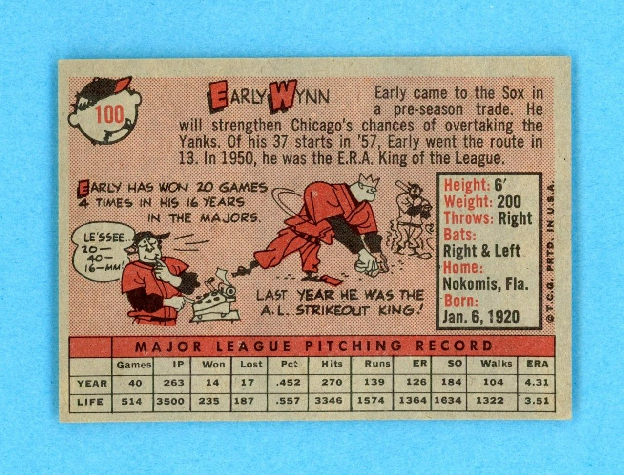 1958 Topps #100 Early Wynn Chicago White Sox Baseball Card Ex/Mt