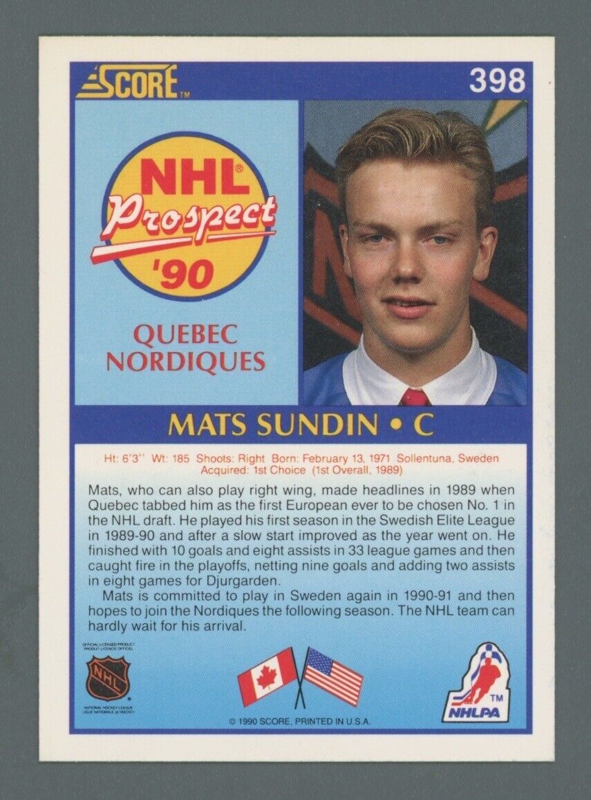 Mats Sundin 1990 Score Rookie Card #398 with B&E Hologram B