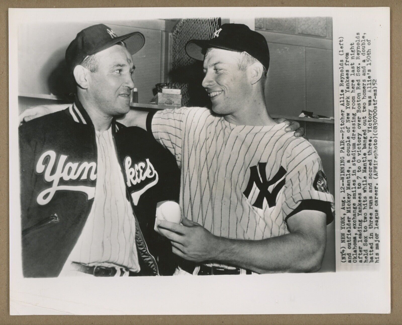 Original 1952 Mickey Mantle with Allie Reynolds AP 8x10 Wirephoto • Press Photo