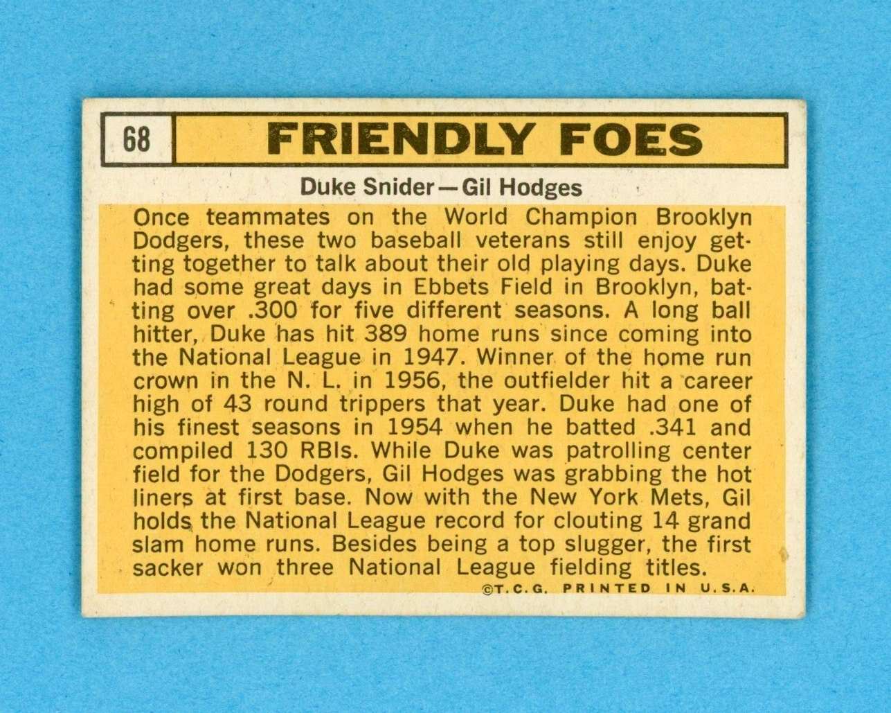 1963 Topps #68 Friendly Foes Duke Snider, Gil Hodges Baseball Card EX - EX+