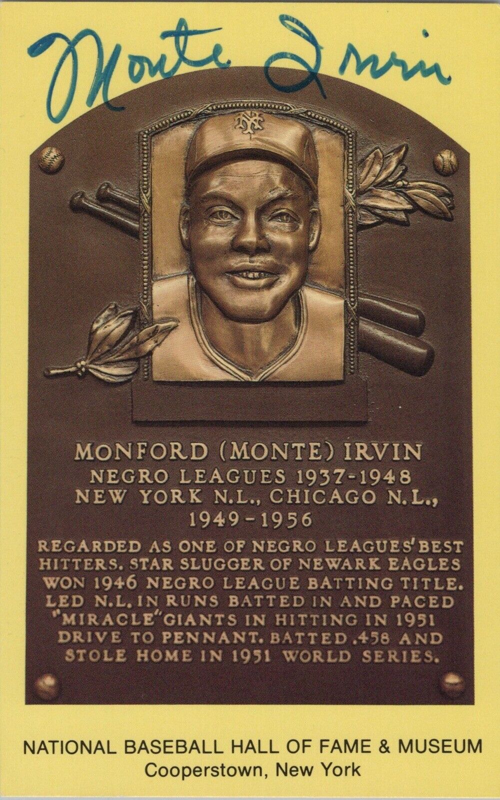 Monte Irvin Signed Yellow HOF Plaque with B&E Hologram