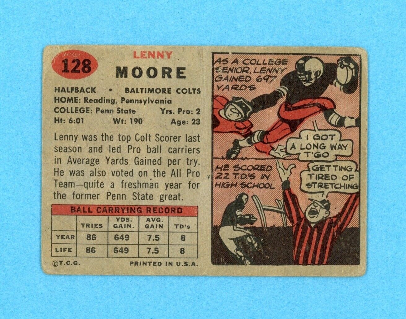 Lenny Moore HOF '75 1957 Topps  Card #128 Auto with B&E Hologram