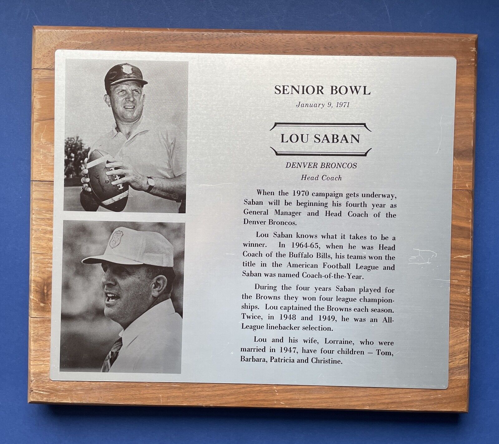 1/9/71 Senior Bowl Lou Saban Denver Broncos Head Coach 11"x13" Plaque