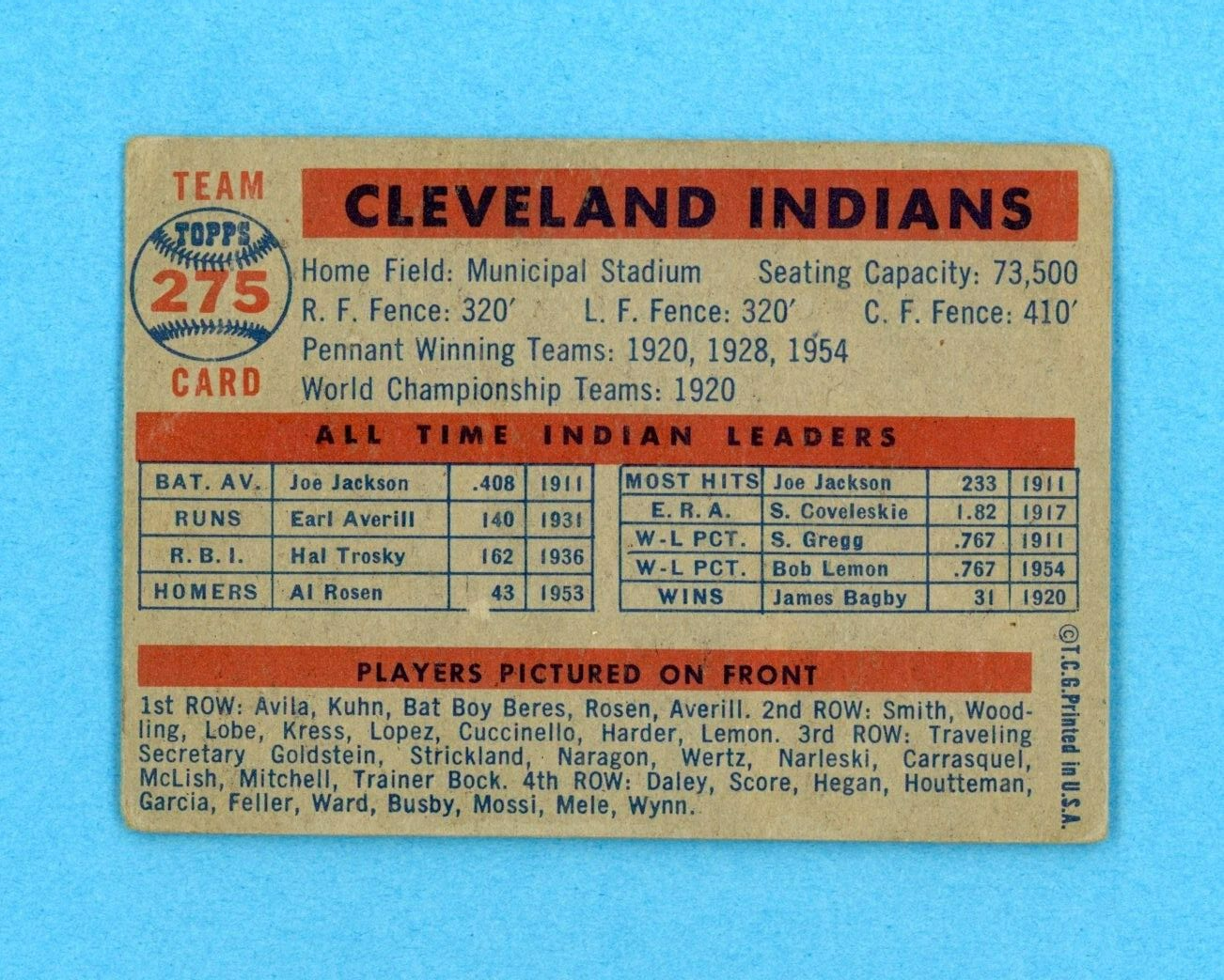 1957 Topps #275 Cleveland Indians Team Middle Series Baseball Card Low Grade