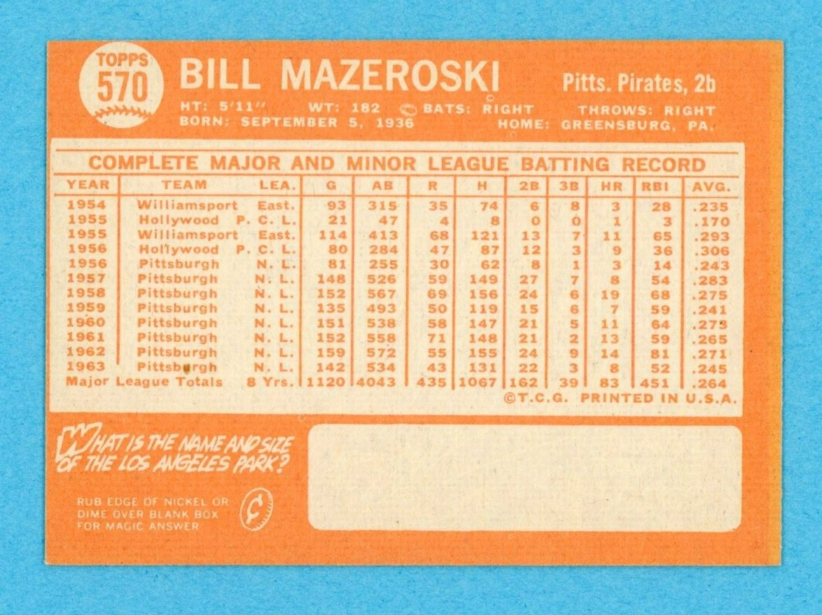 1964 Topps #570 Bill Mazeroski Pitts Pirates High Number Baseball Card EX+-Ex/Mt