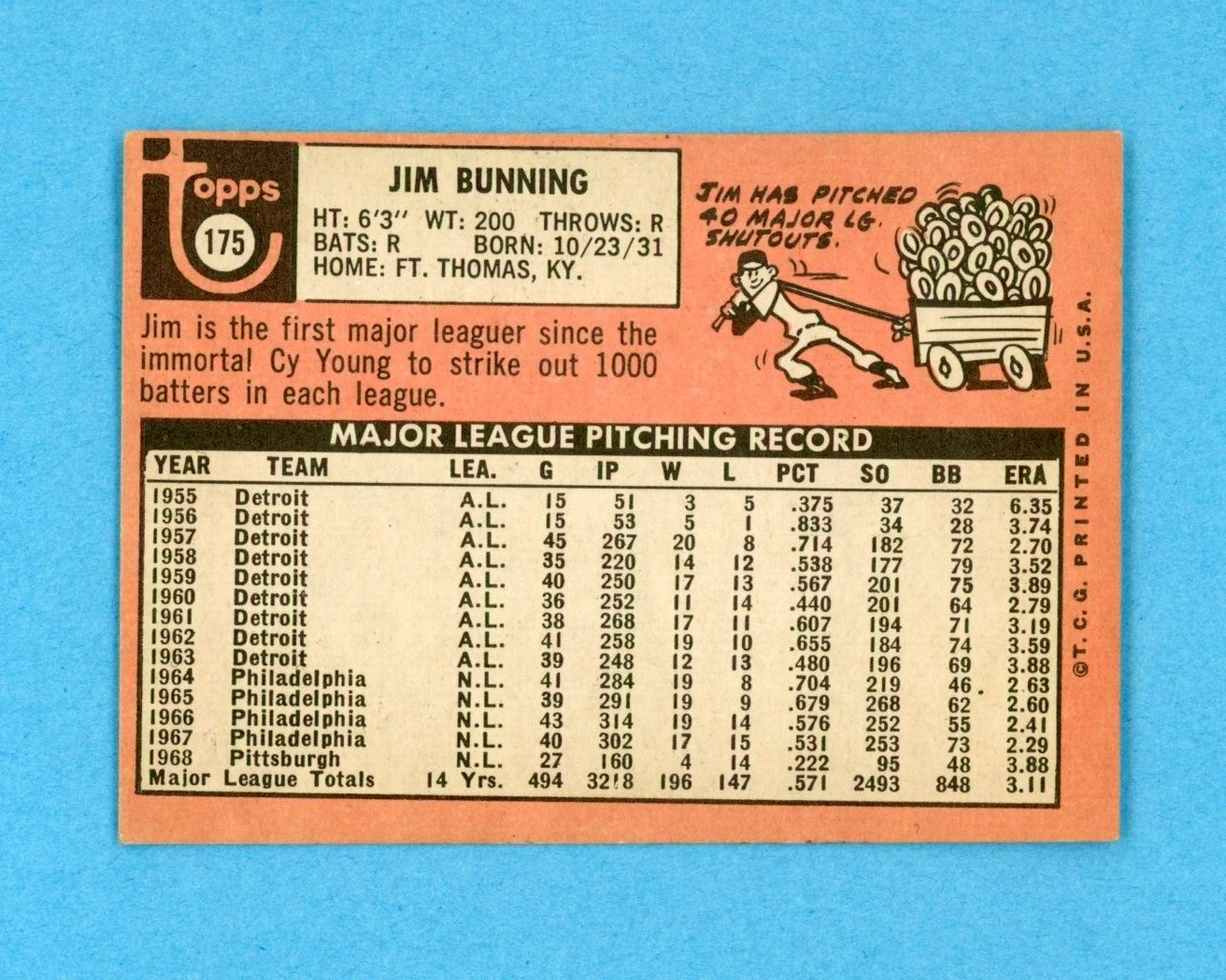 1969 Topps #175 Jim Bunning Pittsburgh Pirates Baseball Card EX