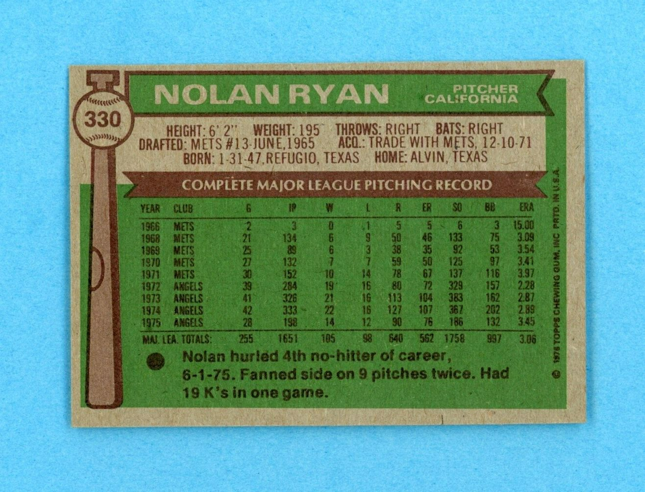 1976 Topps #330 Nolan Ryan California Angels Baseball Card Ex/Mt