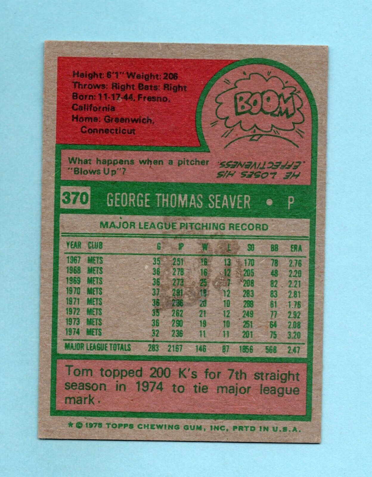 1975 Topps #370 Tom Seaver New York Mets Baseball Card EX