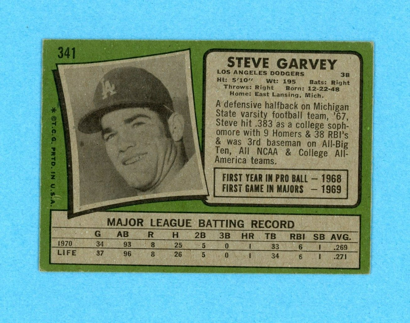 1971 Topps #341 Steve Garvey Los Angeles Dodgers Rookie Baseball Card EX ap wrks