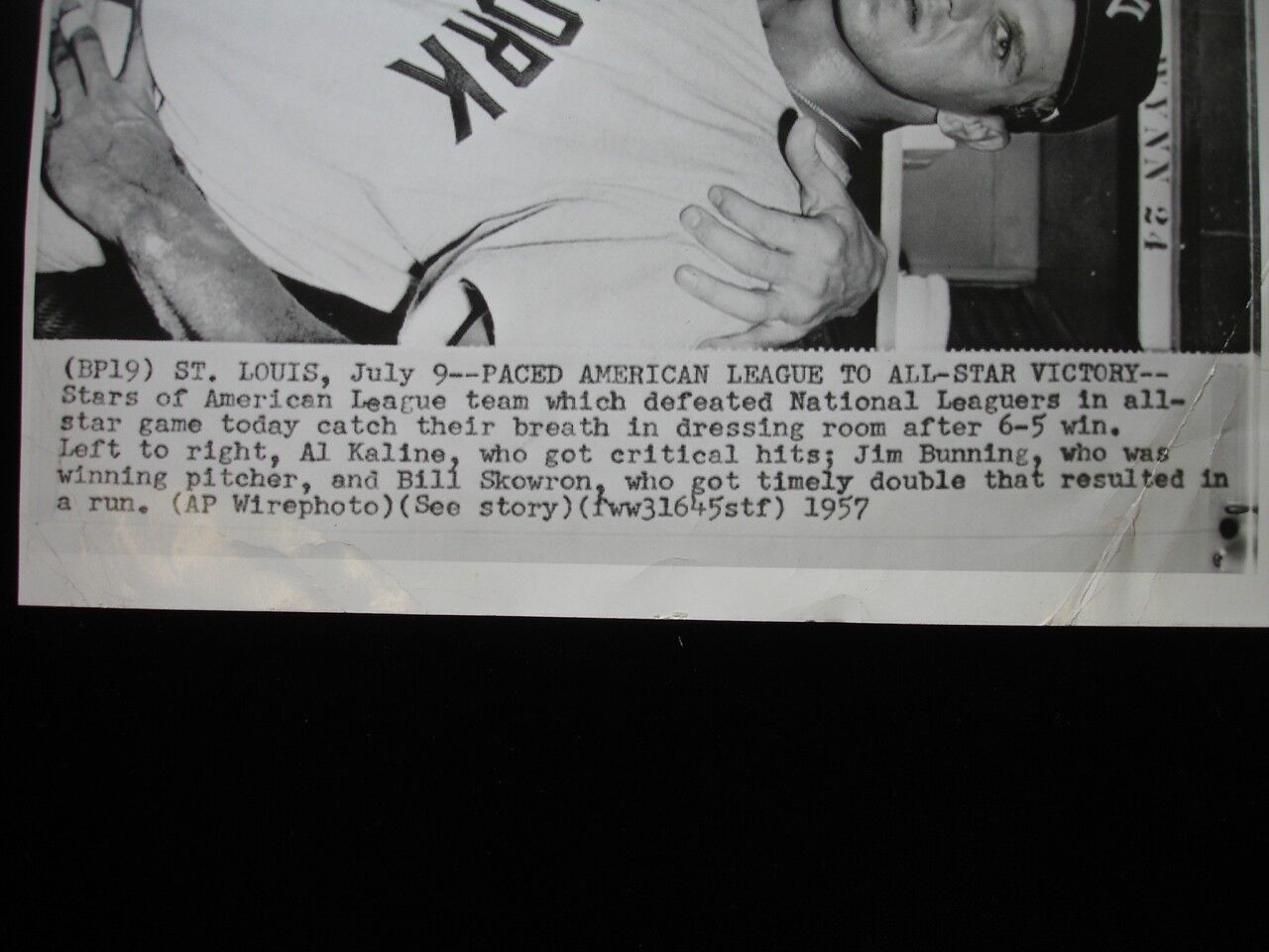 Original 1957 7" x 10" Wire Photograph of Al Kaline, Jim Bunning, Bill Skowron