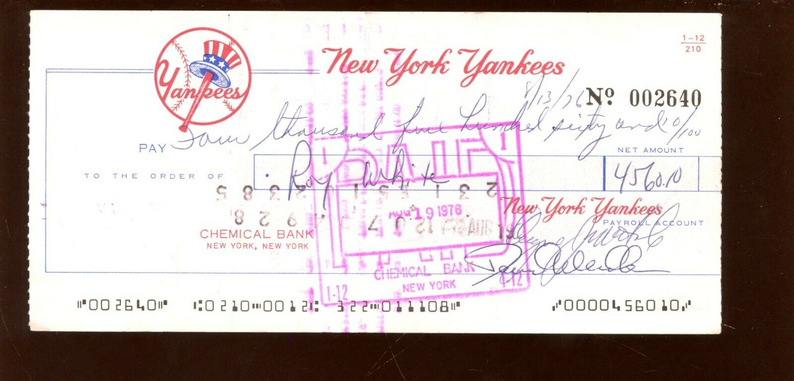 August 13 1976 New York Yankees Check Drawn to Roy White Endorsed