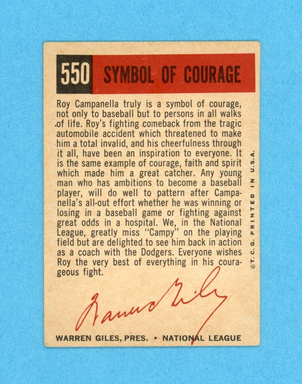 1959 Topps #550 Roy Campanella Symbol of Courage Baseball Card EX