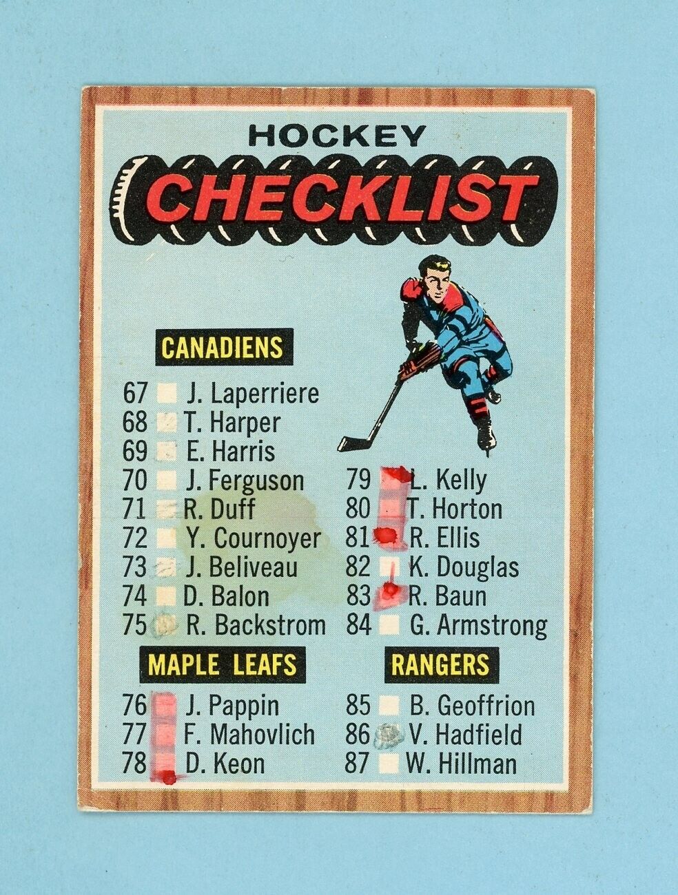 1966-67 Topps #120 Checklist Hockey Card EX app stain/scr/fw sm wrks checked