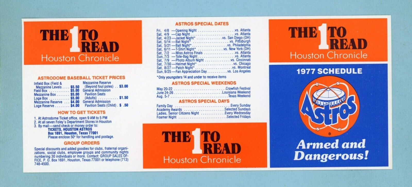 1977 Houston Astros Pocket Schedule NM (not folded)