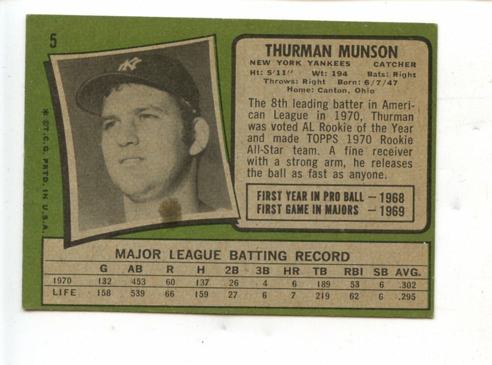 1971 Topps  Baseball Card #5 Thurman Munson 2nd Card New York Yankees EXMT