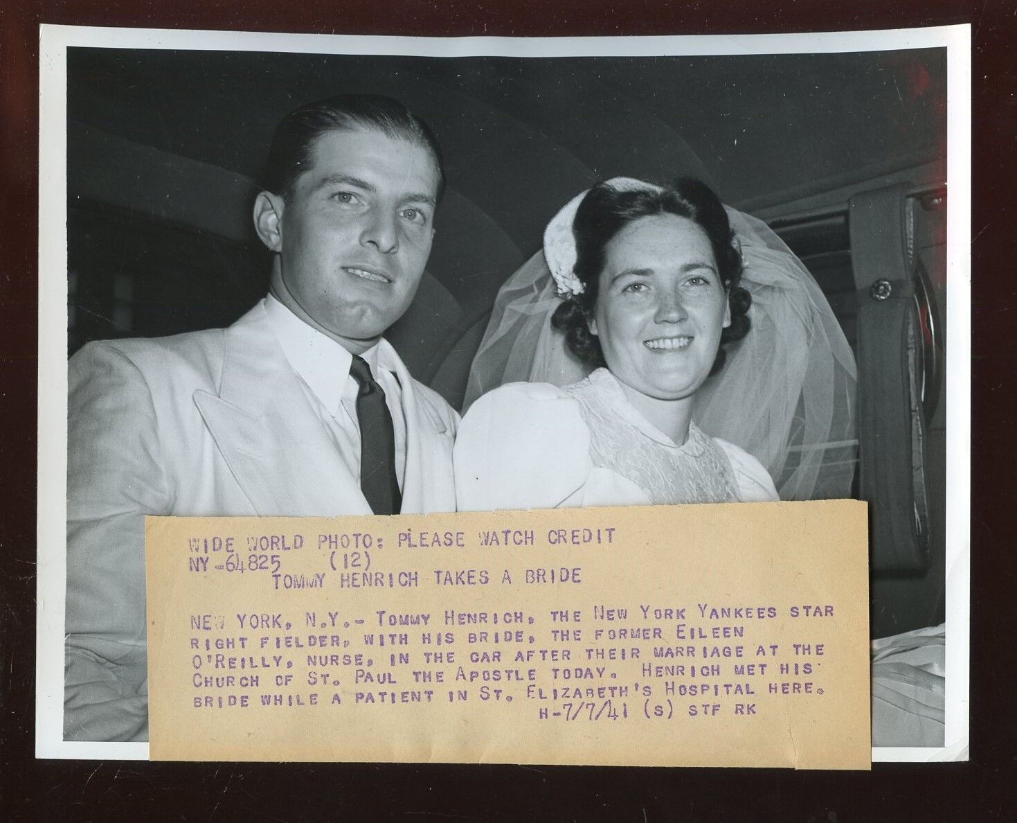 Original July 7 1941 Tom Henrich New York Yankees & Bride 7 X 9 Wire Photo