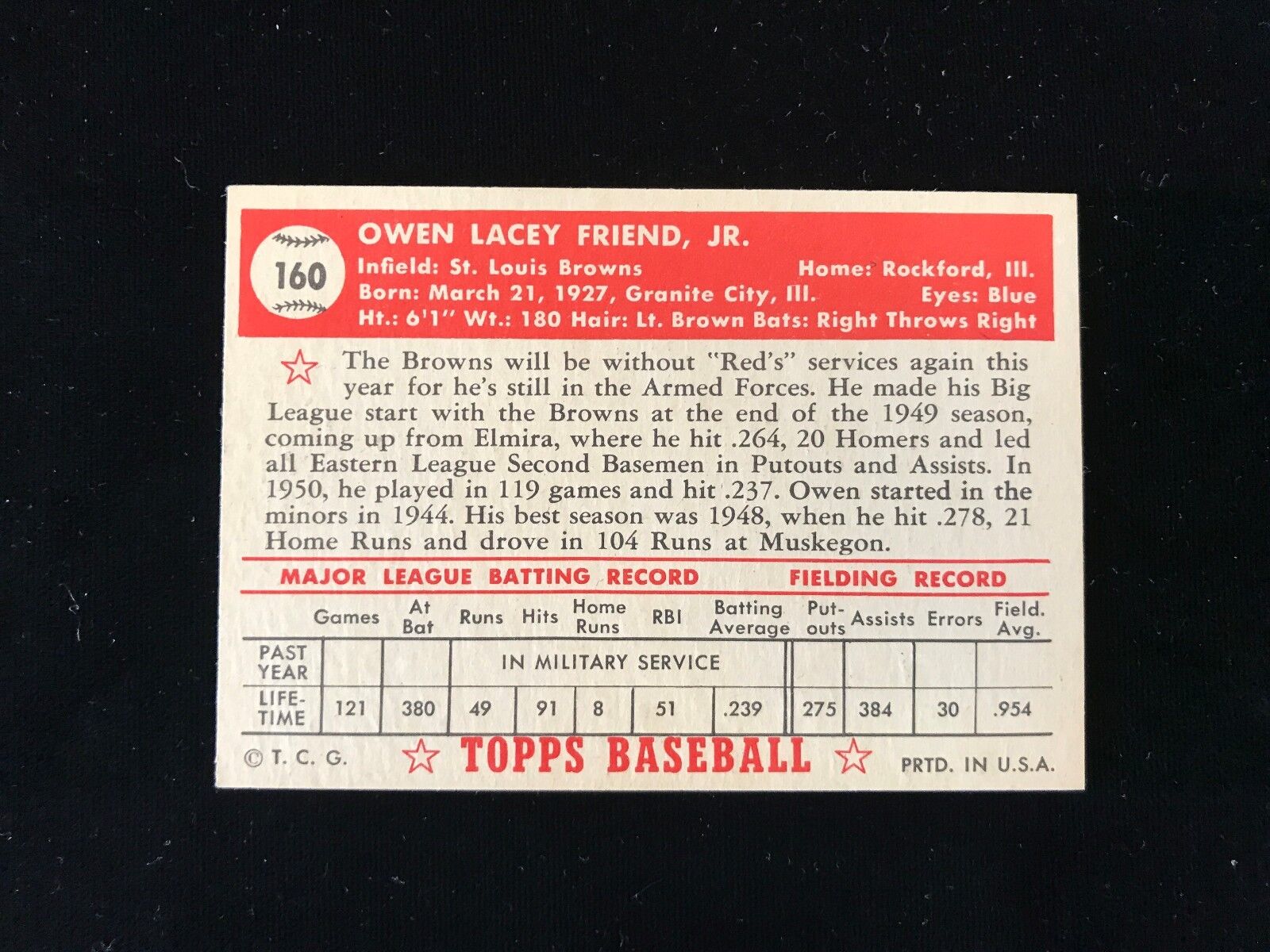 1952 Topps Owen Friend Baseball Card-#160-St Louis Browns-EX-MT+