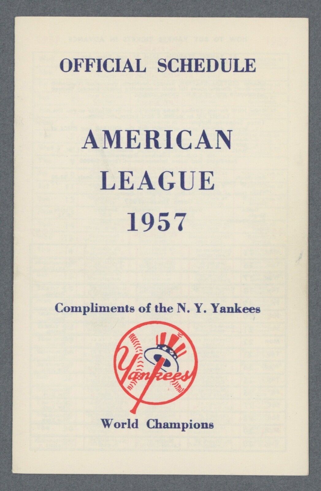 1957 New York Yankees Pocket Schedule 3.5"x5.5"