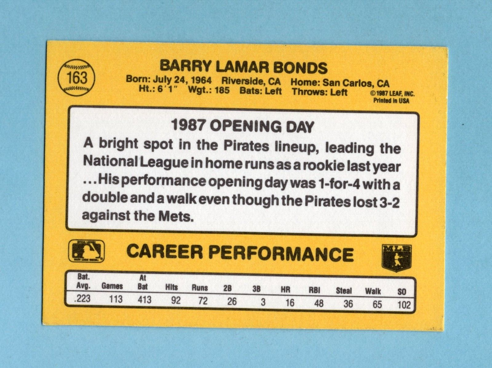 1987 Donruss Opening Day #163 Barry Bonds Pittsburgh Pirates Baseball Card NM