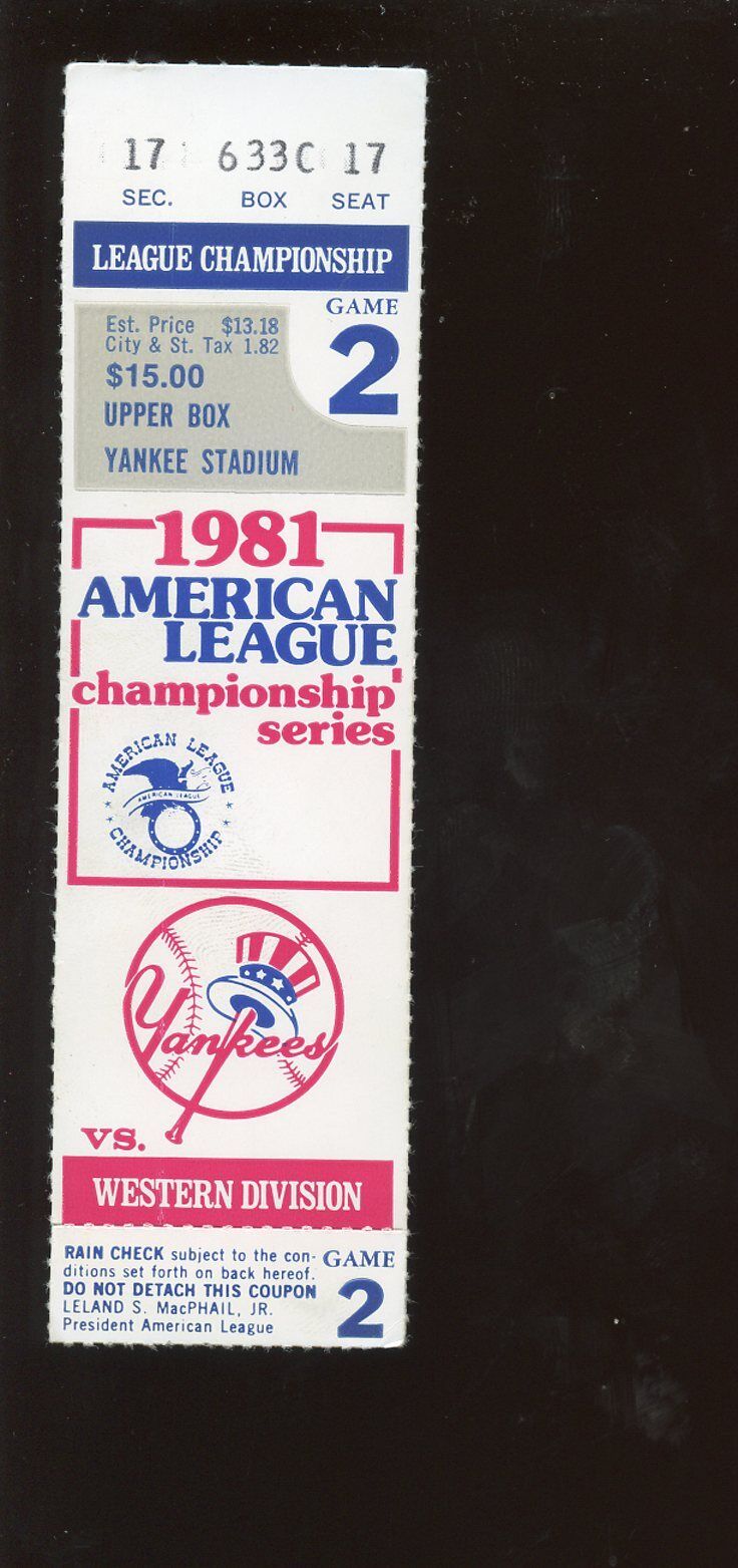 1981 ALCS Ticket Stub Oakland A's at New York Yankees Game 2 EX