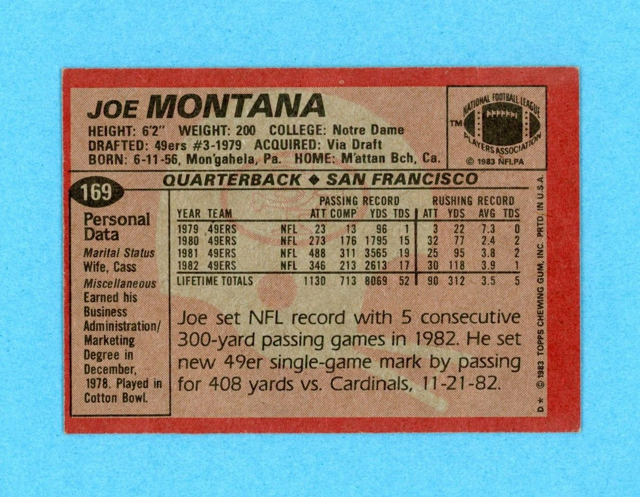 Joe Montana San Francisco 49ers 1983 Topps #169 Autographed Football Card