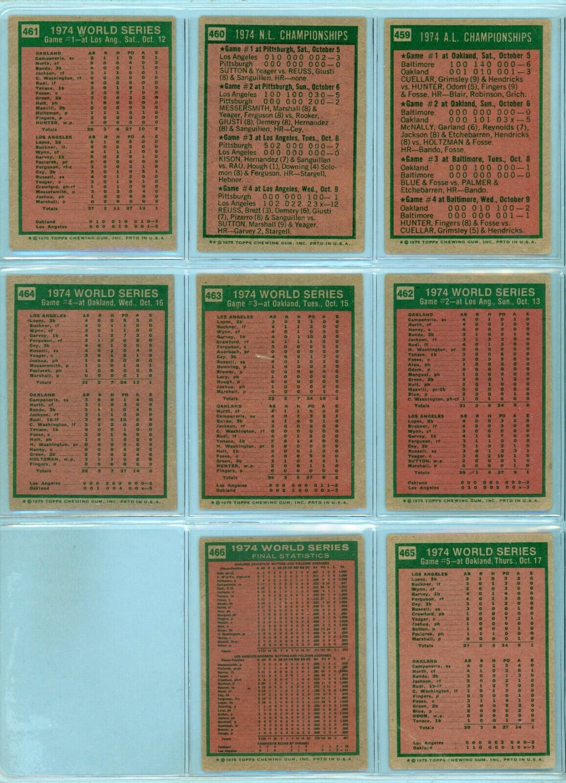 1975 Topps Set of 8 1974 ALCS, NLCS, World Series Special Baseball Cards LG