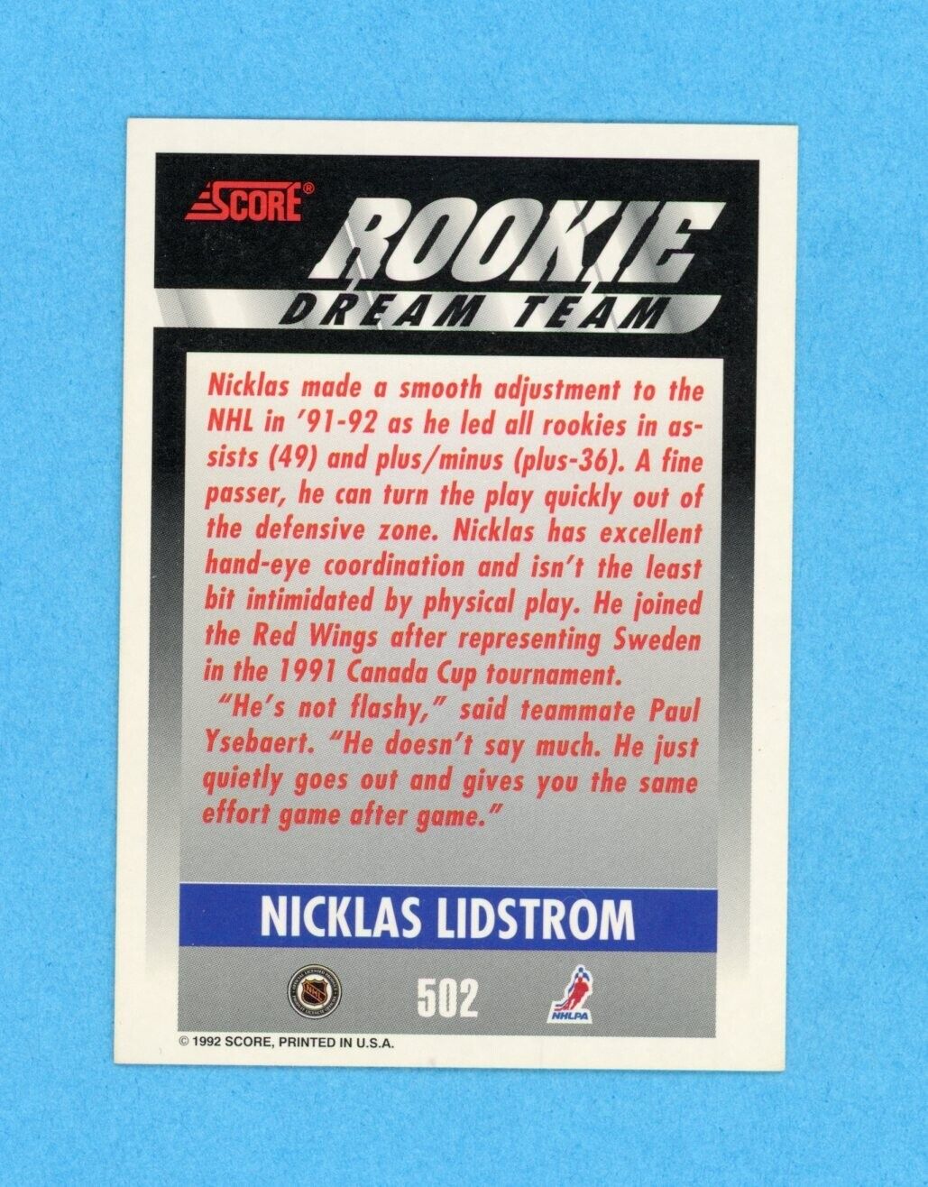 Nicklas Lidstrom Detroit Red Wings 1992-93 Score #502 Autographed Hockey Card