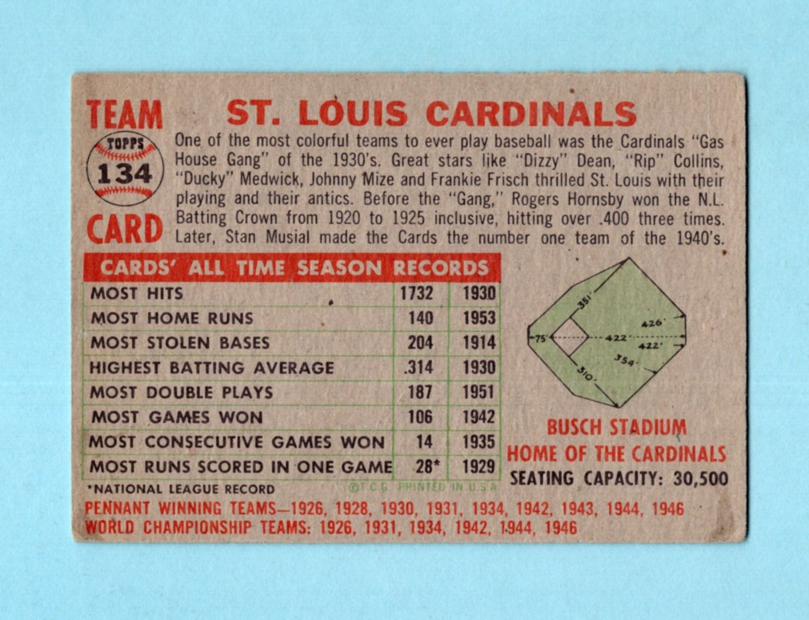 1956 Topps #134 St. Louis Cardinals Team Baseball Card Vg/Ex