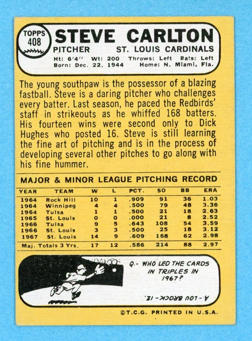 1968 Topps #408 Steve Carlton St. Louis Cardinals Baseball Card EX o/c