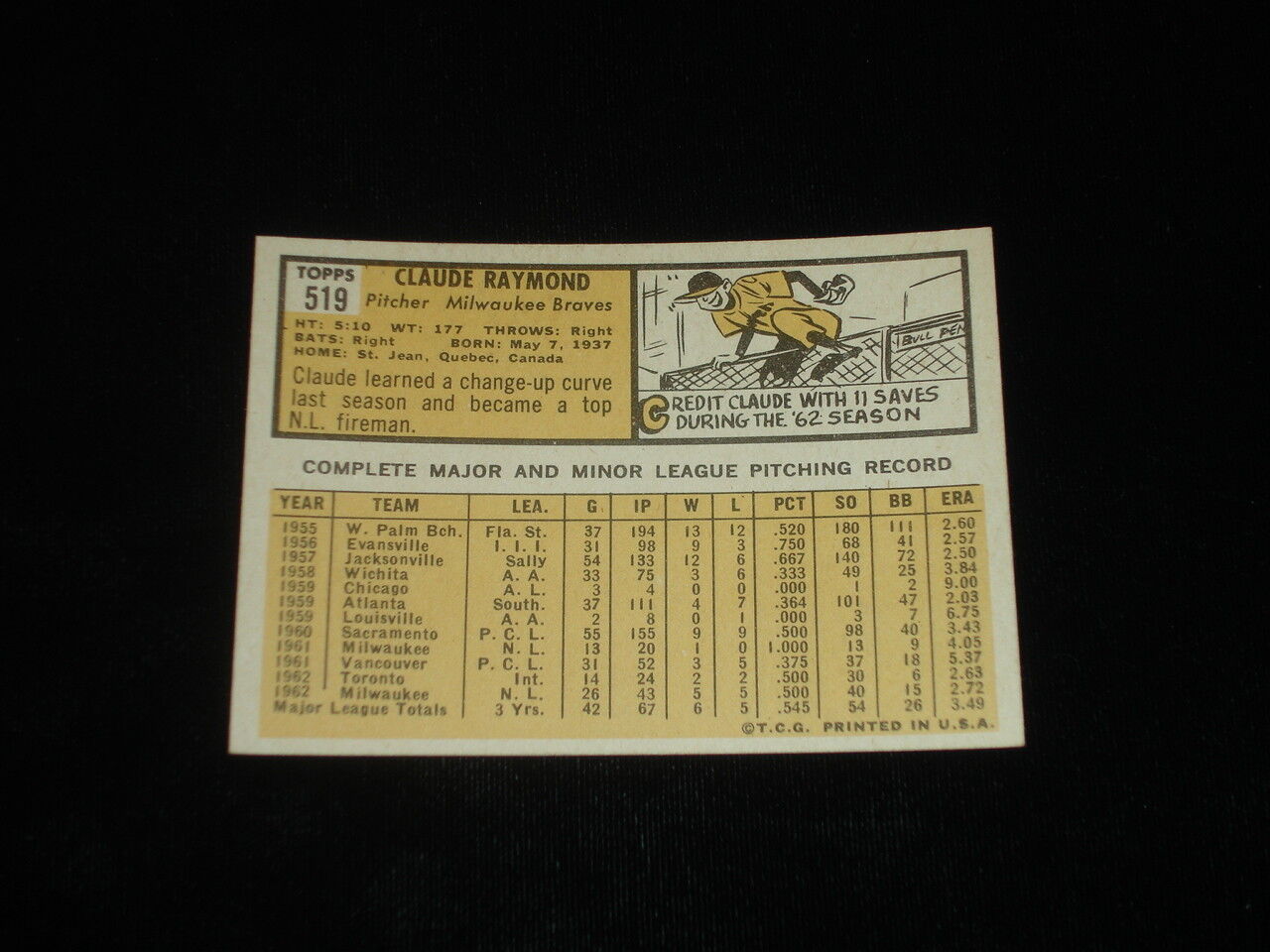 1963 Topps Baseball High Number Card-Claude Raymond-Milw. Braves-EX+ centered