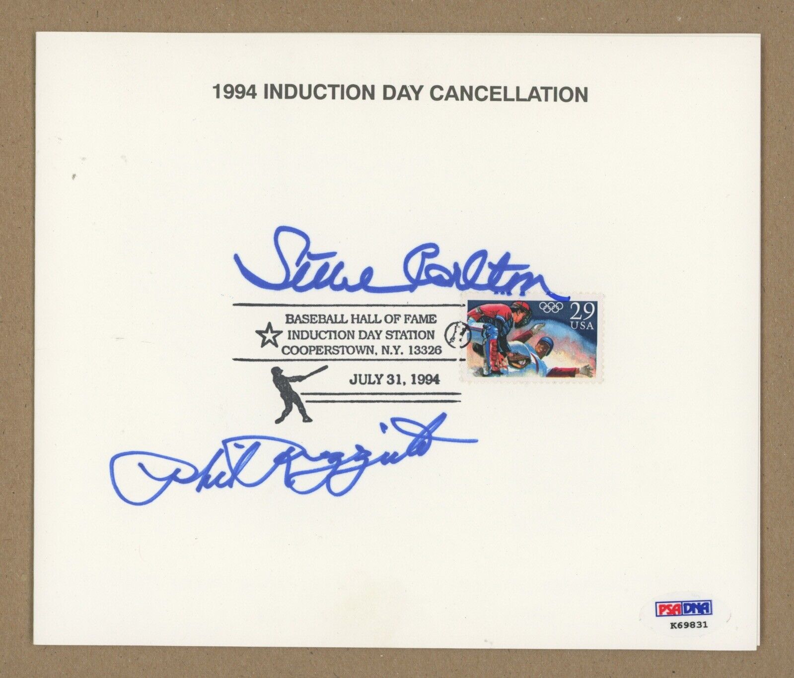 Steve Carlton & Phil Rizzuto Signed 1994 HOF Induction Day Cancellation PSA 