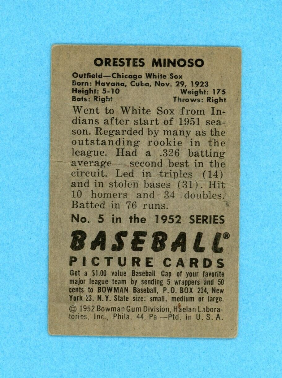 1952 Bowman #5 Minnie Minoso Chicago White Sox Rookie Baseball Card G - VG