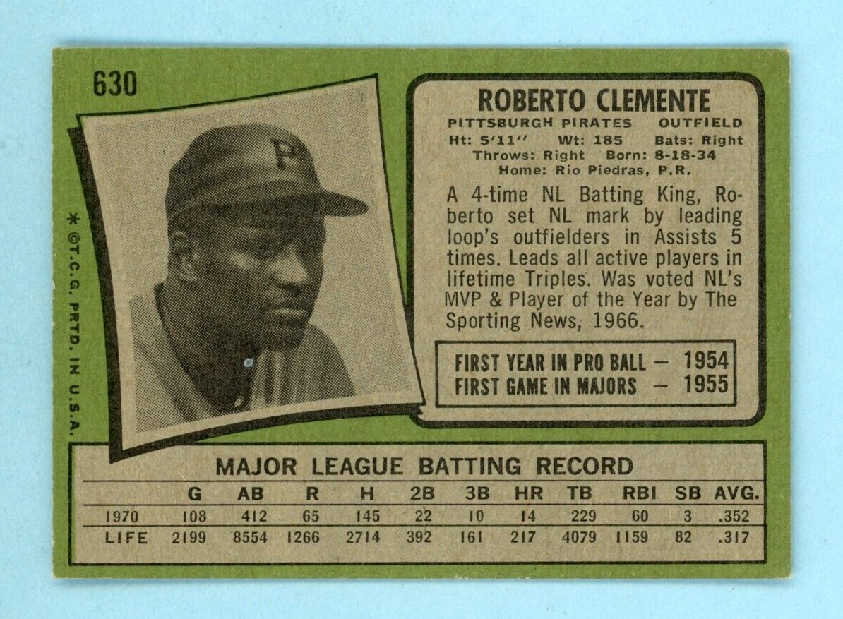 1971 Topps #630 Roberto Clemente Pittsburgh Pirates Baseball Card EX+