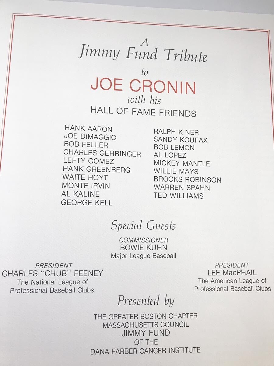 Boston Jimmy Fund Tribute to Joe Cronin Program Signed Lemon, Feller, Brooks R