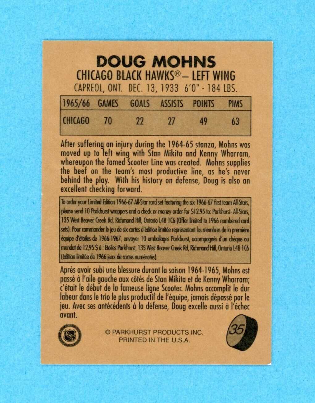 Doug Mohns 1995-96 Parkhurst 1966-67 #35 Autographed Hockey Card